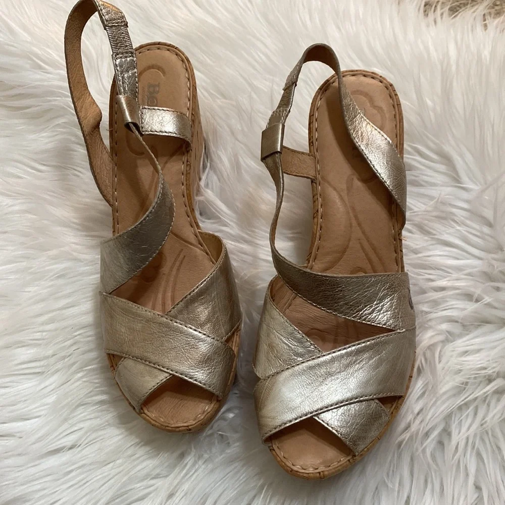 Born Venetia Panna cotta metallic leather cork platform slingback wedges - Picture 3 of 6